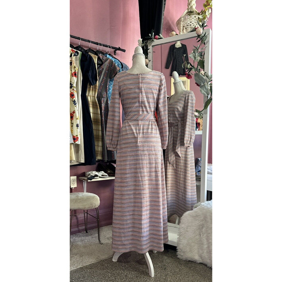 Vintage 60s 70s Maxi Dress Pink Purple Stripes Mod Balloon Sleeves Shimmer XS/S - Picture 7 of 9
